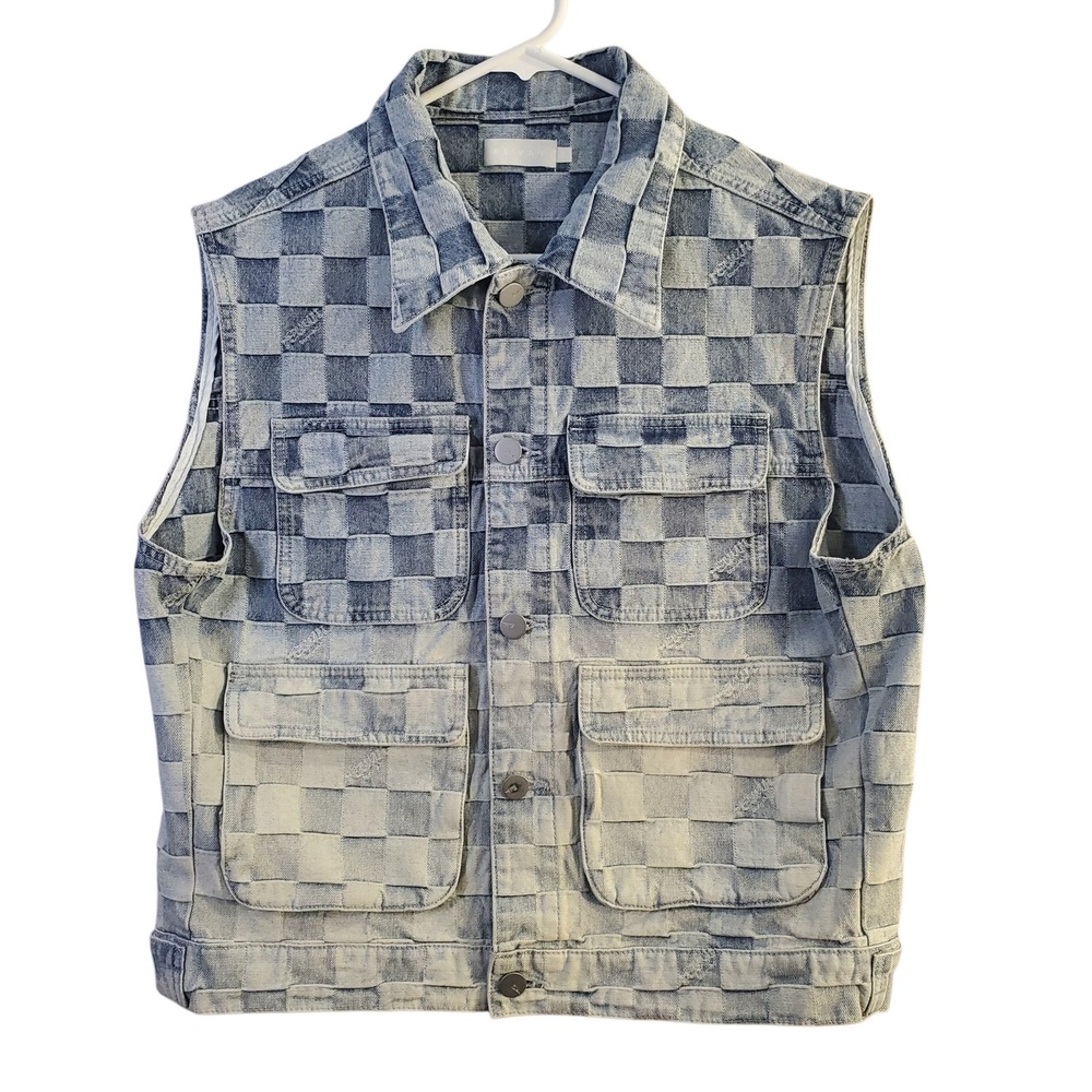 RE' VAN Light Wash Checkerboard Denim Vest Button Front Size 38